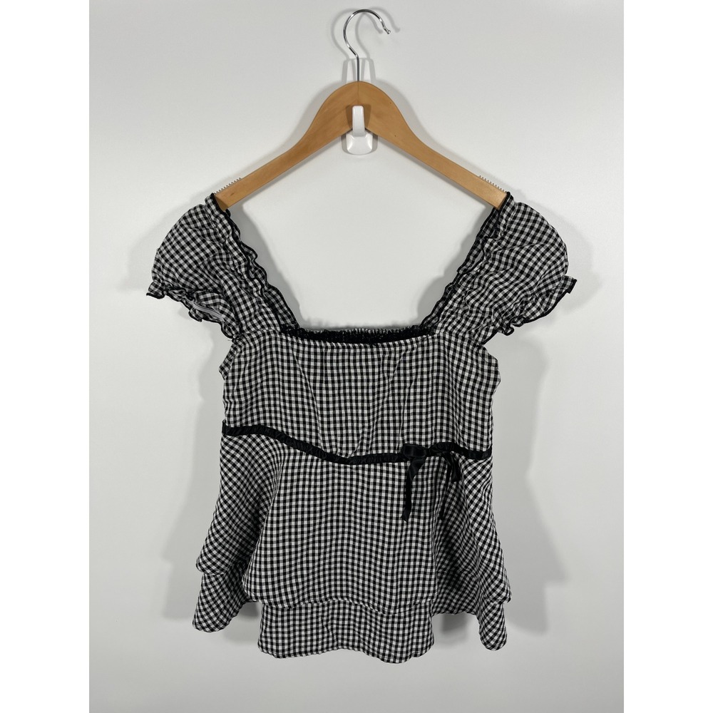 Womens Babydoll Top L Black White Gingham Puff Sleeve‎ Bow Cottage Feminine
